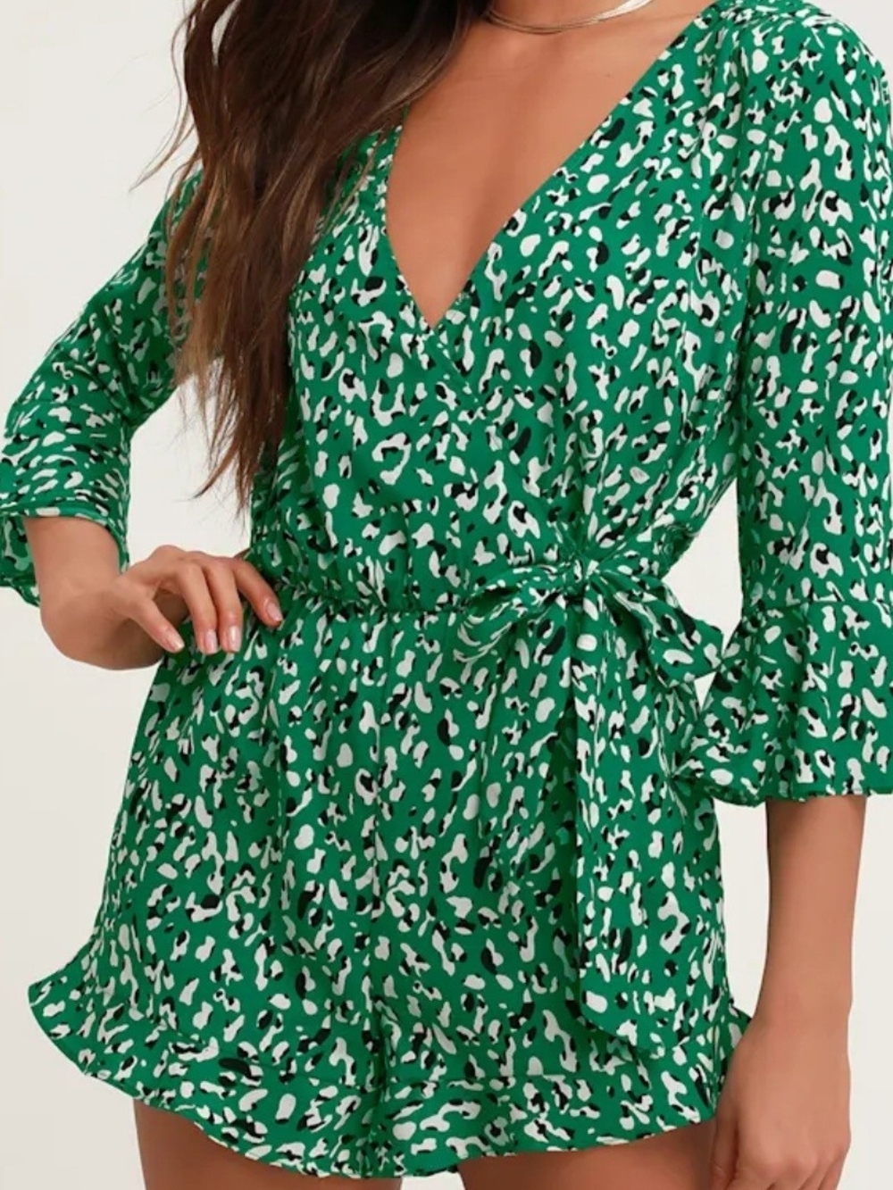 Lulu's Green, White, & Black Leopard Animal Print Romper; Size M
